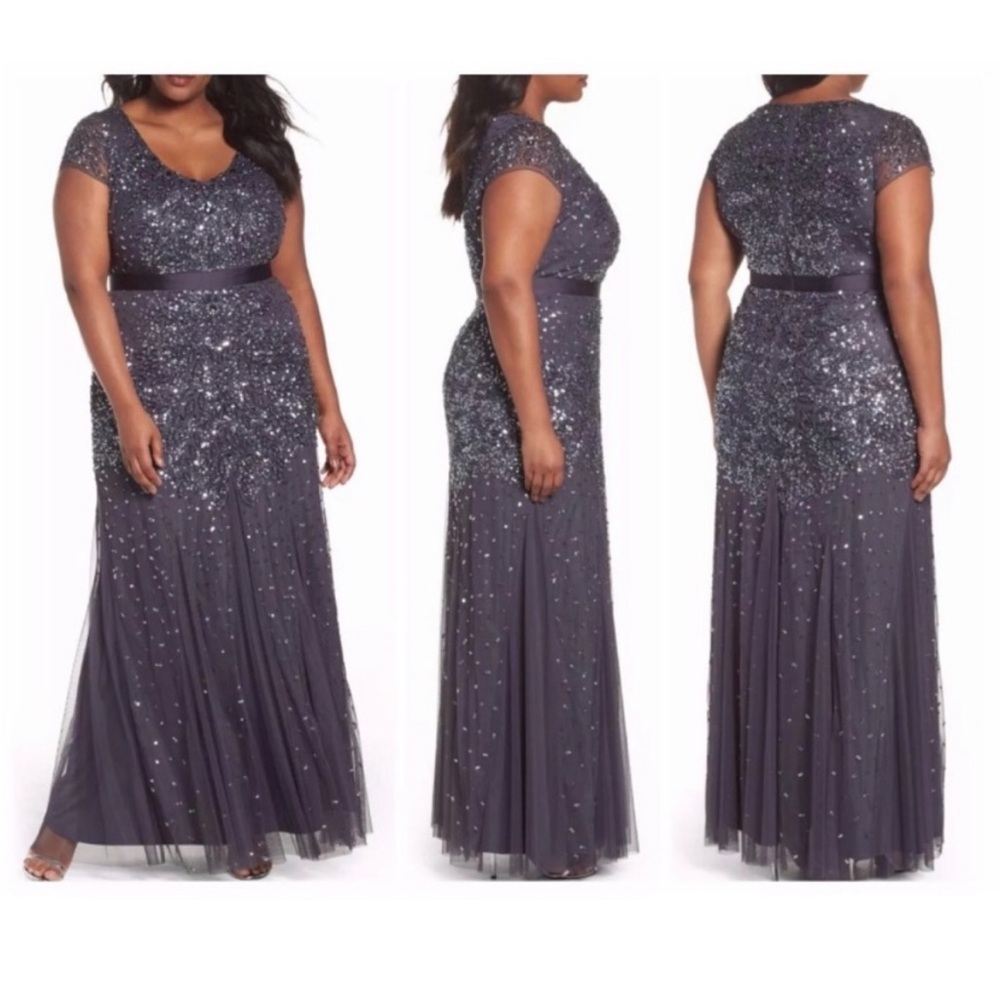 Gunmetal grey sequin Long Adrianna Papell‎ Formal Dress Size 14W